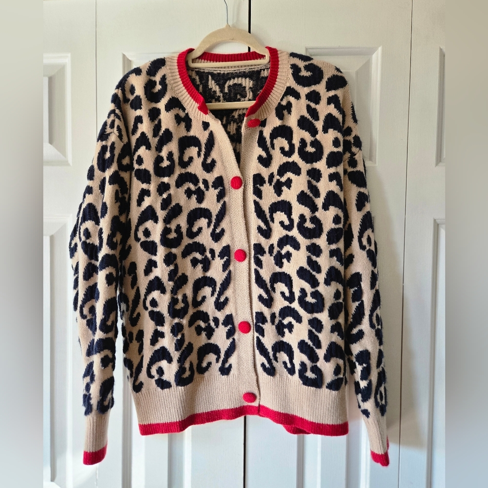 Leopard Print Cardigan with Red Accents Women's XXL